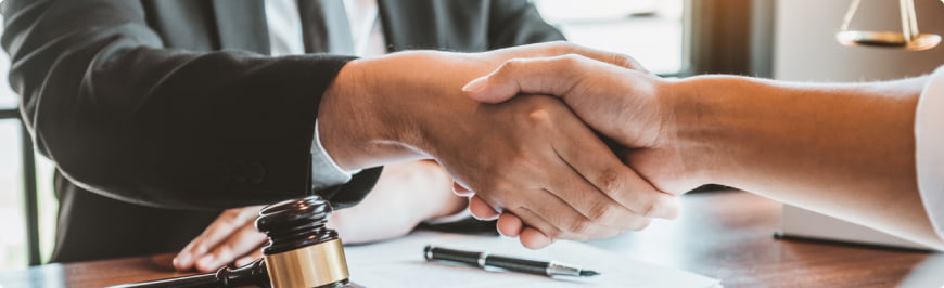 A lawyer and their client shake hands.